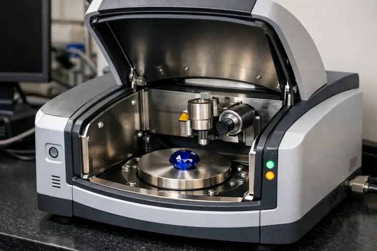 A professional laboratory setup showing EDXRF Gemstone Testing equipment analyzing a precious stone.