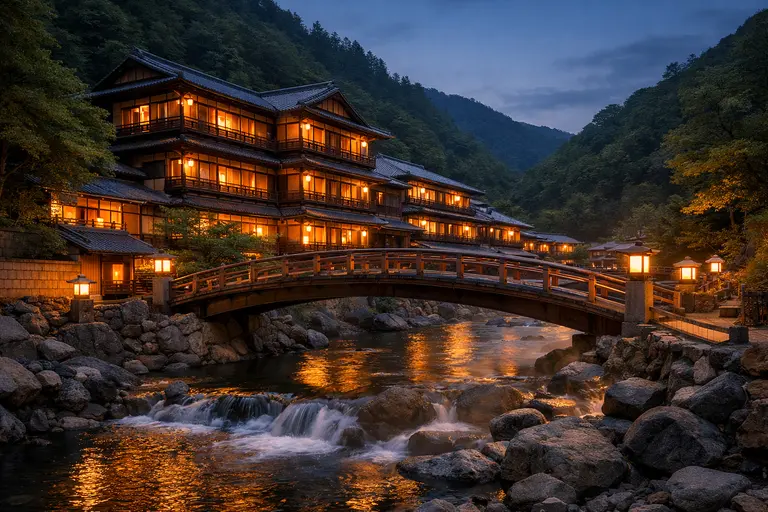 The traditional wooden entrance of Nishiyama Onsen Keiunkan surrounded by mountains.