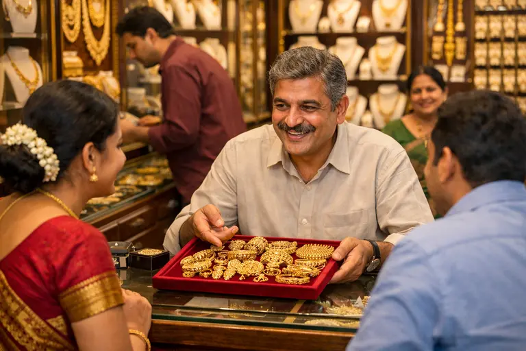 A customer at a neighborhood store illustrating how local jewelers in India provide personalized service.