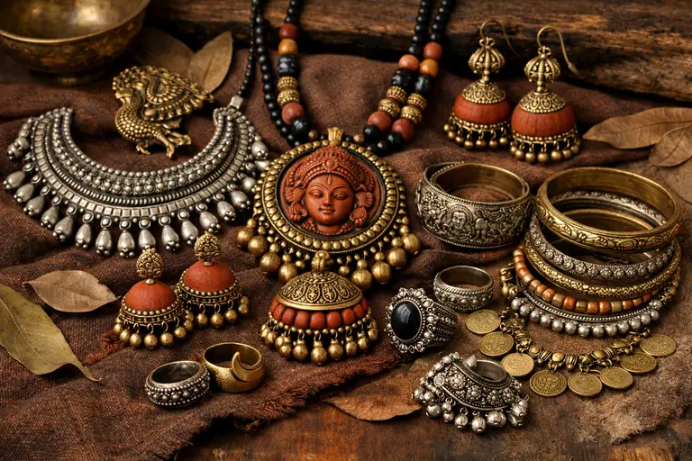 Handcrafted silver earrings inspired by temple art, representing the Kerala Art Jewelry Market.