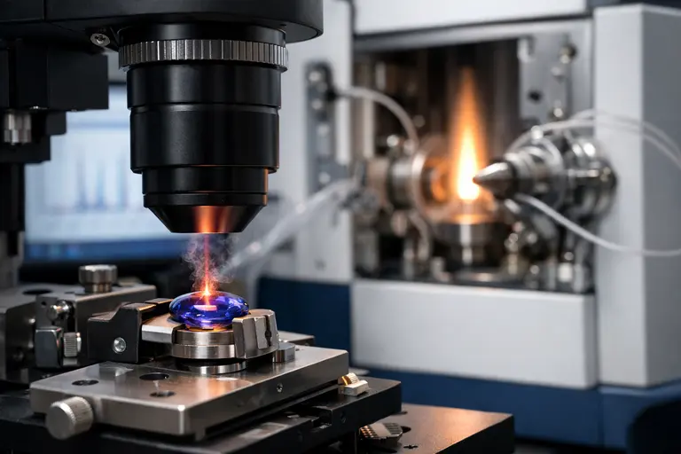 A high-tech laboratory environment showing a technician performing LA ICP MS in Gemstone Testing on a precious stone.