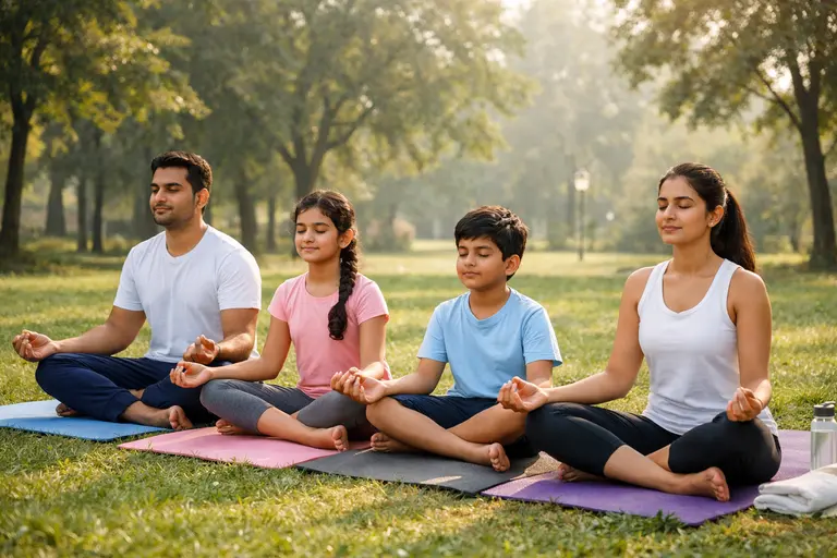 A family practicing yoga together, illustrating modern India Wellness Trends.