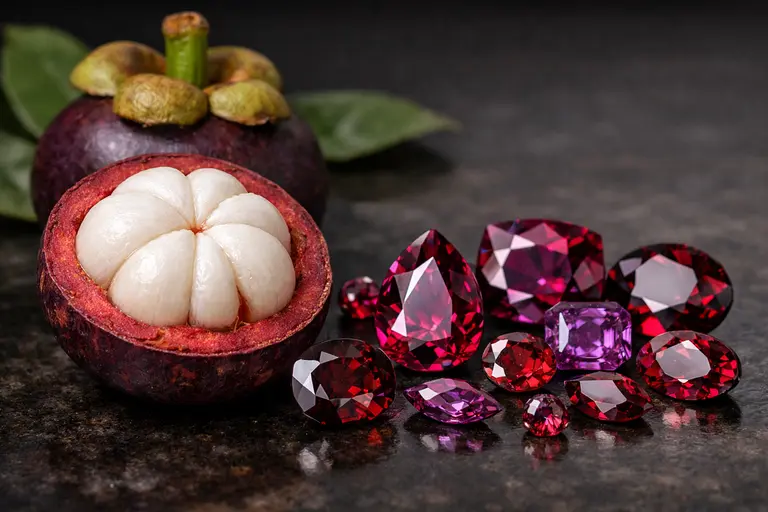 A polished rhodolite garnet representing the deep reddish-purple hue of Mangosteen Color Gemstones