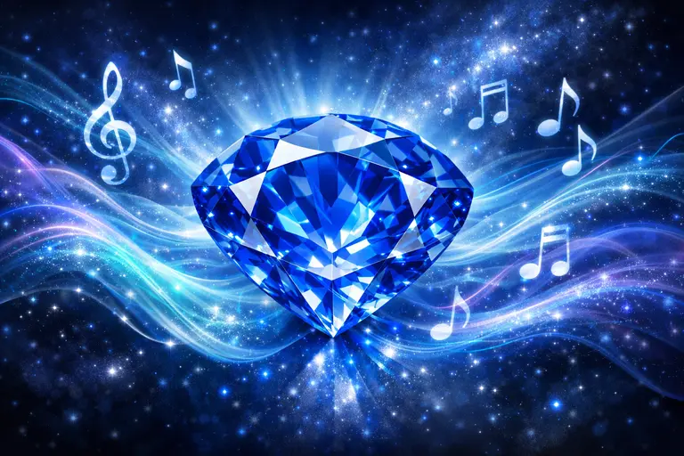 A visual representation of synesthesia and gemstones showing colors and musical notes around a diamond.