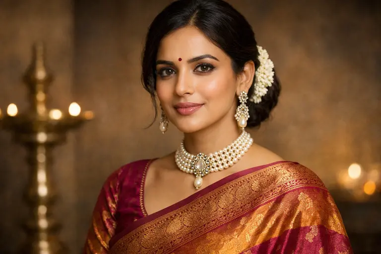 A portrait of an Indian woman adorned in a multi-layered necklace of Pearl Jewelry for Indian Women.