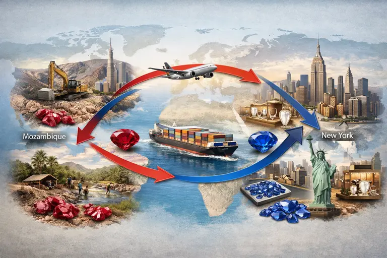 A map illustrating the global Ruby and Sapphire Supply Chain from Africa to Asia.