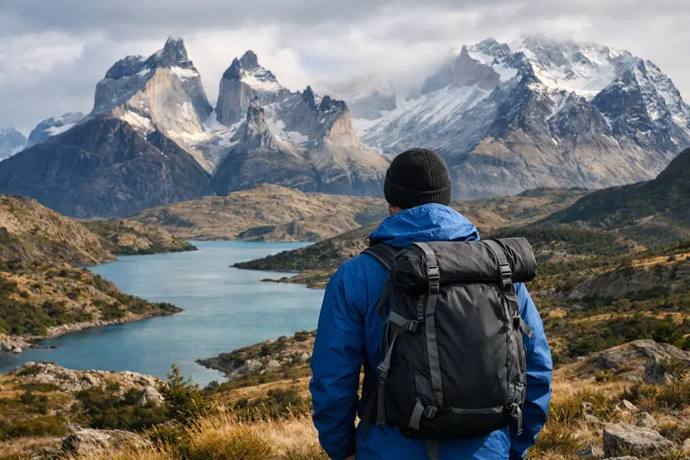 A person wearing a recycled Patagonia fleece jacket hiking in the mountains, illustrating Patagonia Brand Trust.