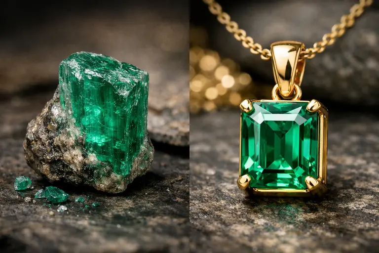 A side-by-side view of a rough green crystal and a faceted ring featured in our Emerald Supply Chain Guide.