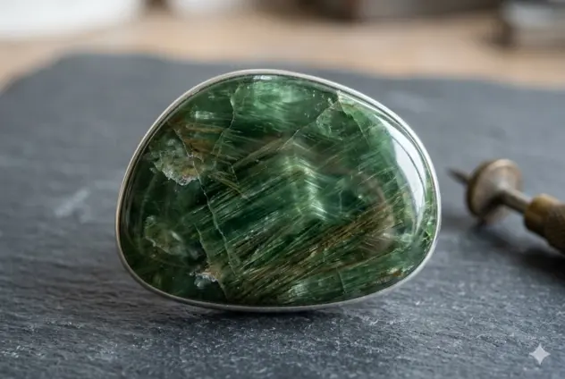 A green polished actinolite gemstone showing needle-like inclusions.