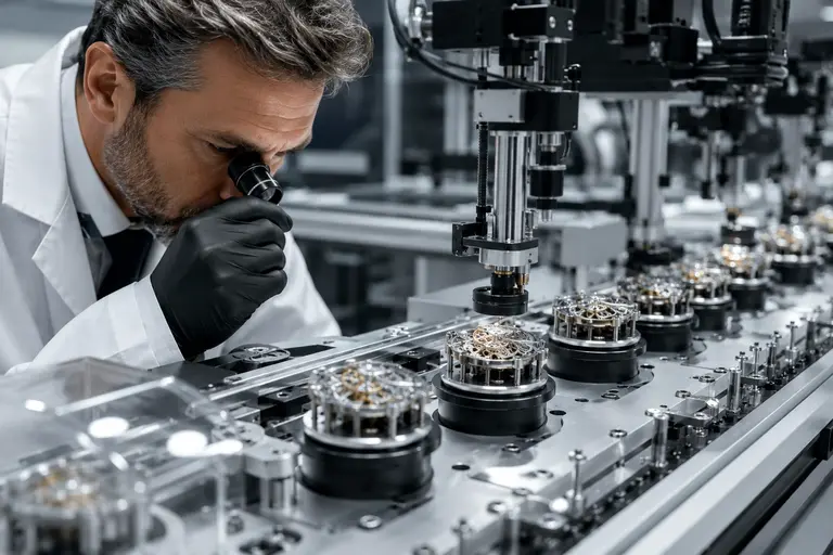 A robotic arm precision-cutting a watch movement, representing AI in Watchmaking.