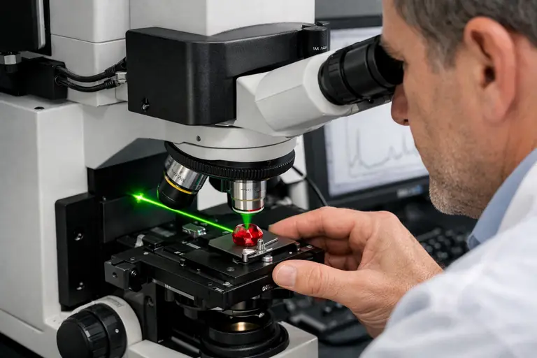 A high-tech laboratory instrument performing Modern Gemology Technology analysis on a natural ruby.