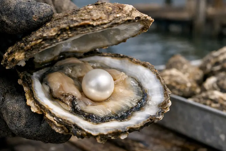 A pearl farmer harvesting a lustrous white pearl, illustrating the Cultured Pearl Journey.