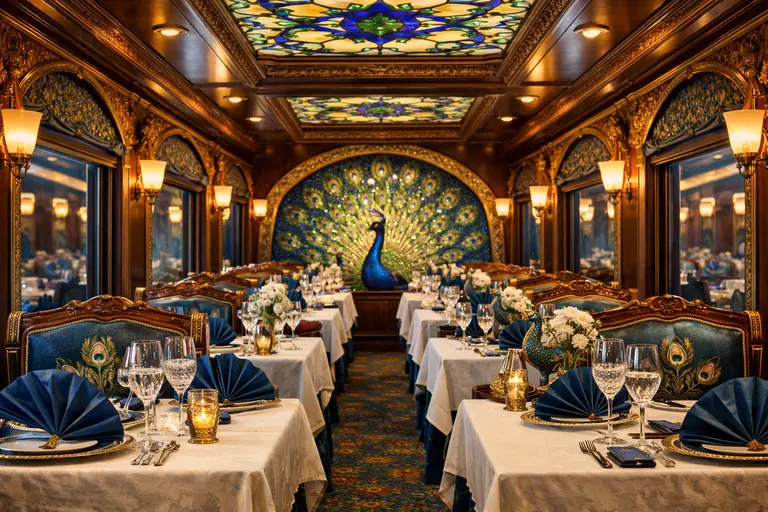 The ornate dining car of the Maharajas' Express, illustrating the best luxury trains in India.