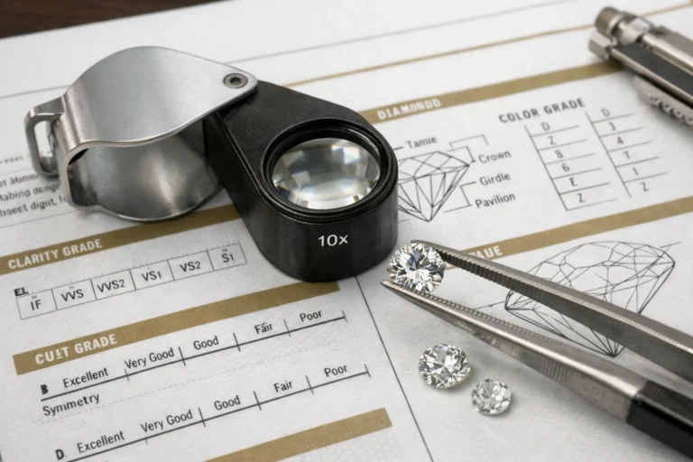 A professional gemologist examining a stone to explain the Language of Gemology.