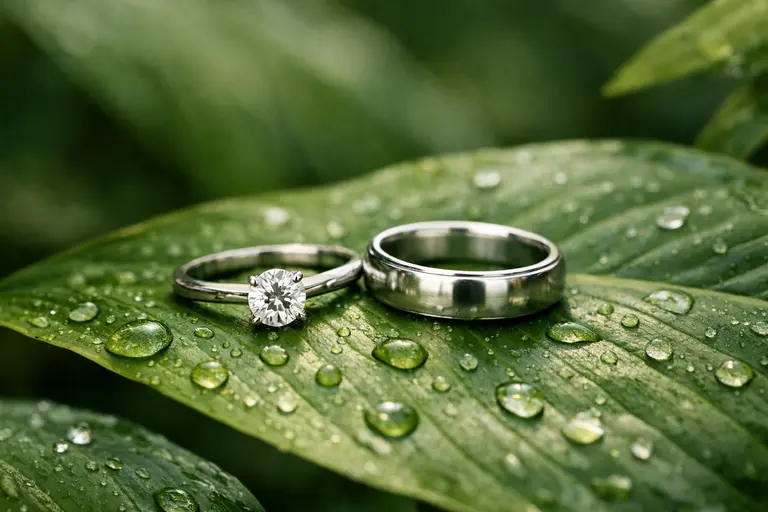 A visual representation of the climate change impact on jewelry showing a seedling growing next to a ring.