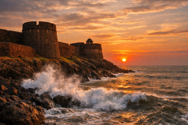 A wide view of the historic Bekal Fort, a landmark in the Unique District of Kasaragod.