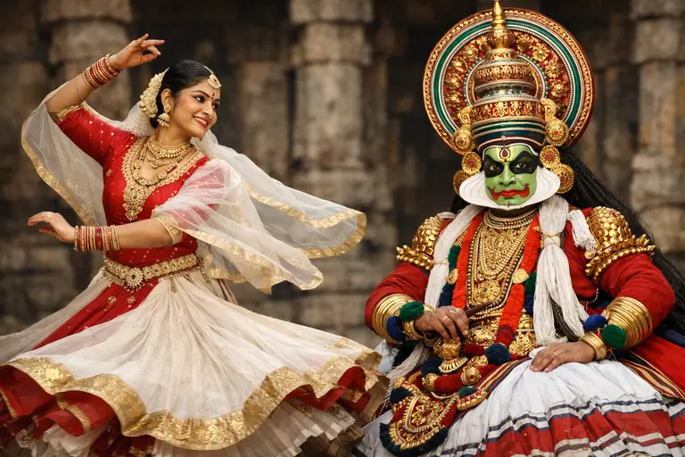 Performers of Kathak and Kathakali dance showcasing traditional Indian jewelry.