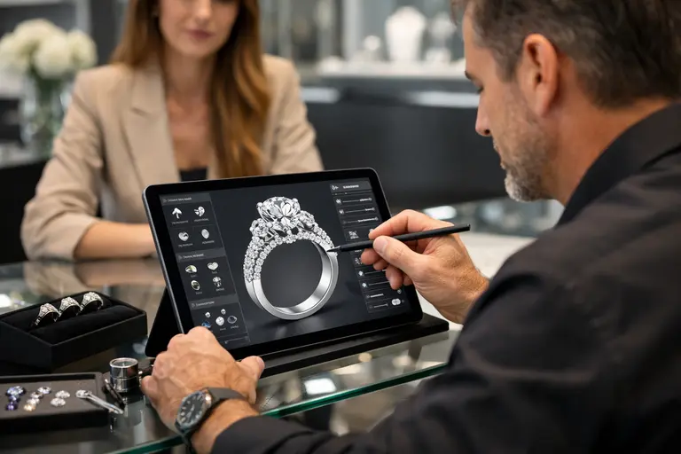 A digital interface illustrating AI in the Jewelry Industry showing 3D gemstone mapping.