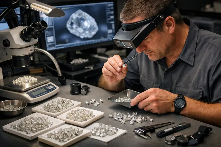 A skilled diamond sorter organizing rough stones, representing industry sheepdogs in tech and jewelry.