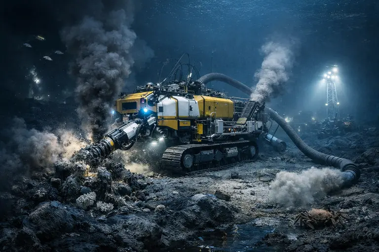 A robotic mining vehicle on the dark ocean floor illustrating deep-sea mining benefits and risks.