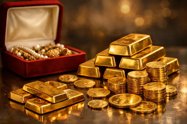 A collection of gold bars and coins next to a jewelry box, representing gold demand shifting from jewelry to investment.