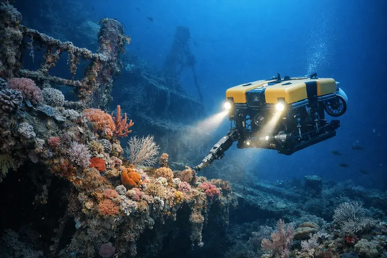 A robotic ROV exploring a coral-covered shipwreck, representing hidden ocean treasures and explorers.