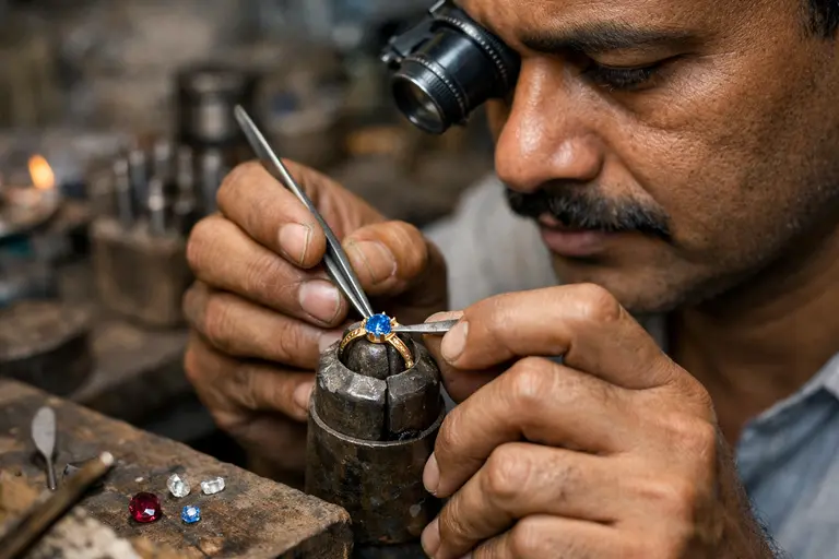 A skilled artisan hand-setting a gemstone in a workshop, showcasing trade skills that stay ahead of AI in India.