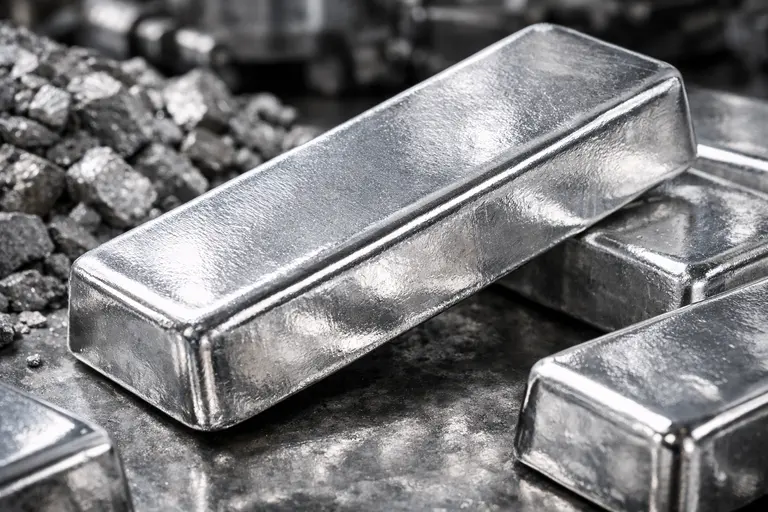 A close-up of refined silver bars ready for the silver supply chain from mine to jewelry.