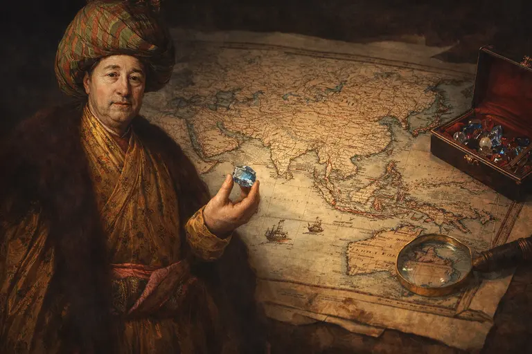 A vintage map and a large blue diamond representing the Jean-Baptiste Tavernier gem trade.