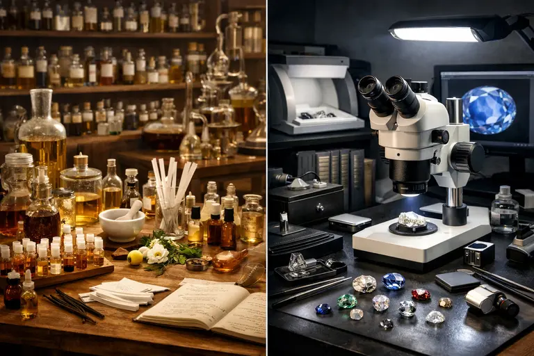 A side-by-side comparison of a perfumer’s laboratory and a gemologist’s microscope station representing master perfumers and gem graders.