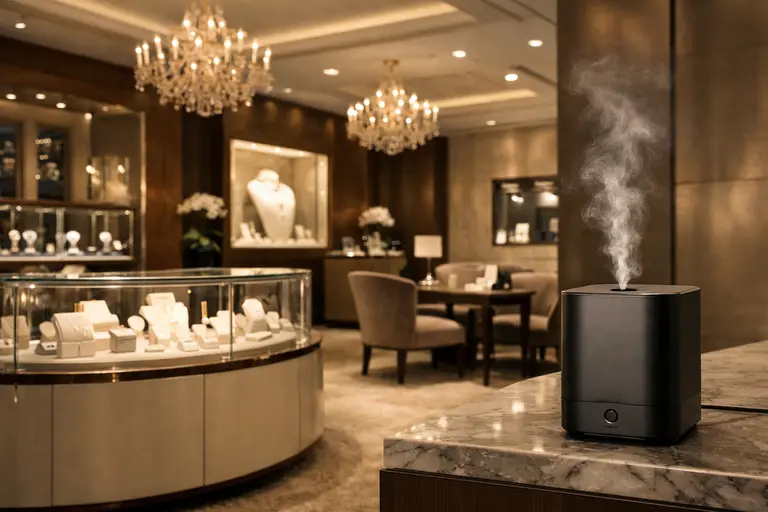 A luxury jewelry boutique interior with a discreet scent diffuser, illustrating scent marketing in jewelry and watch stores.