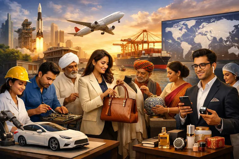 A diverse group of Indian professionals and artisans working together on global products, illustrating the mission of building India's global brands.