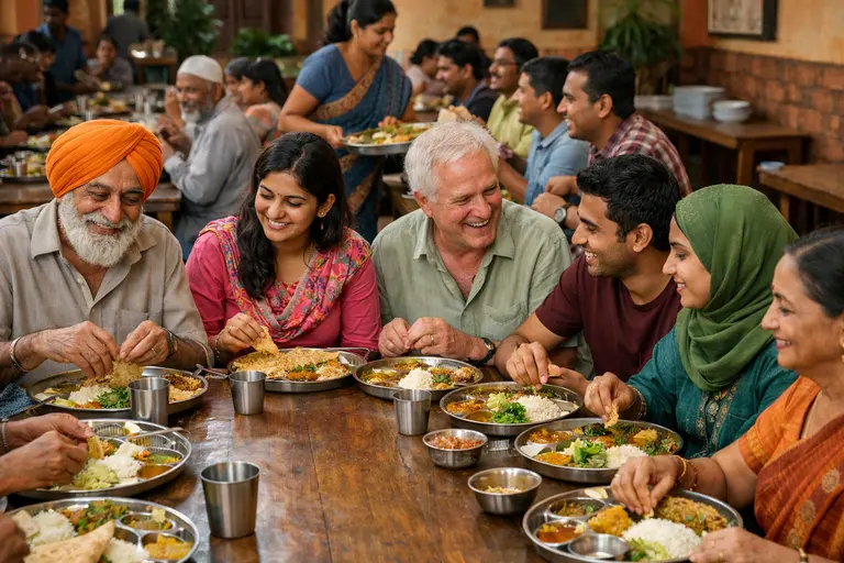 A group of diverse people sharing a meal at a community table in a pay what you can restaurant in India.