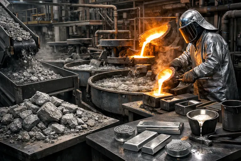 Raw platinum ore being processed at a refinery, illustrating the platinum supply chain from mine to jewelry.