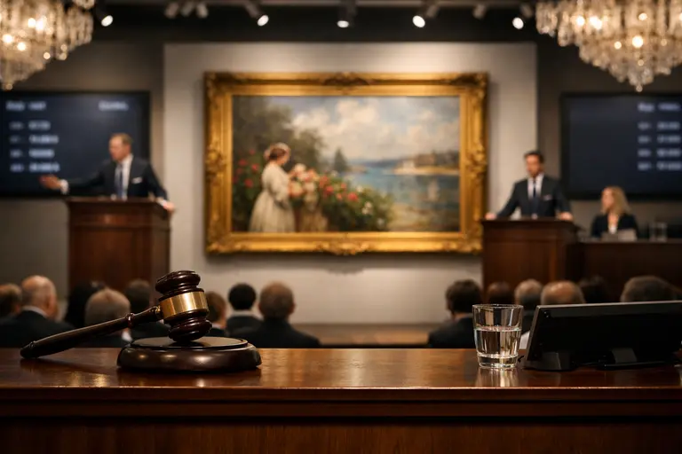 A prestigious auction room with a gavel and a high-value painting, representing Sotheby's Christie's and Phillips auction houses.