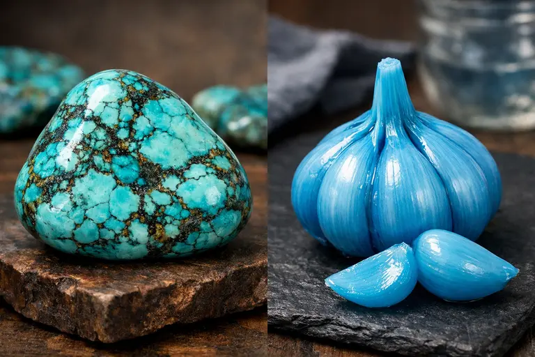 A side-by-side comparison of a turquoise gemstone and a clove of blue pickled garlic representing blue garlic and Chinese turquoise.