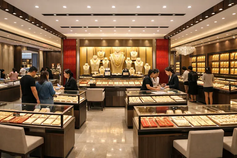 A wide view of a modern Chow Tai Fook retail store with gold displays, illustrating the Chow Tai Fook business model.