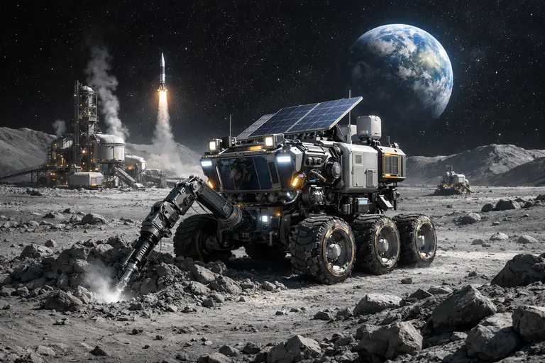 A futuristic robotic mining rover on the lunar surface, representing the lunar resources mining race.