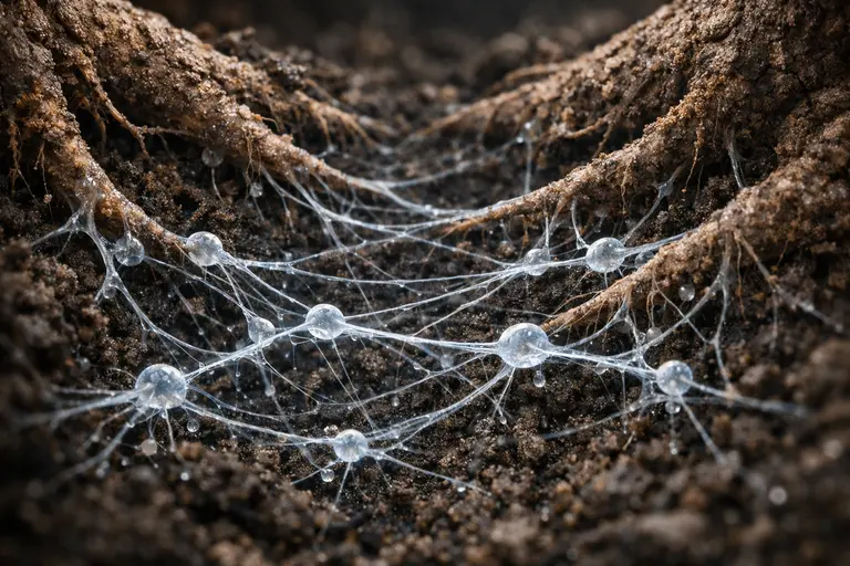 Microscopic fungal hyphae connecting tree roots, illustrating hidden networks in nature and business.