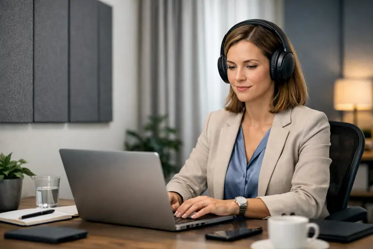A professional wearing noise-canceling headphones in a quiet studio, illustrating misophonia and career success.