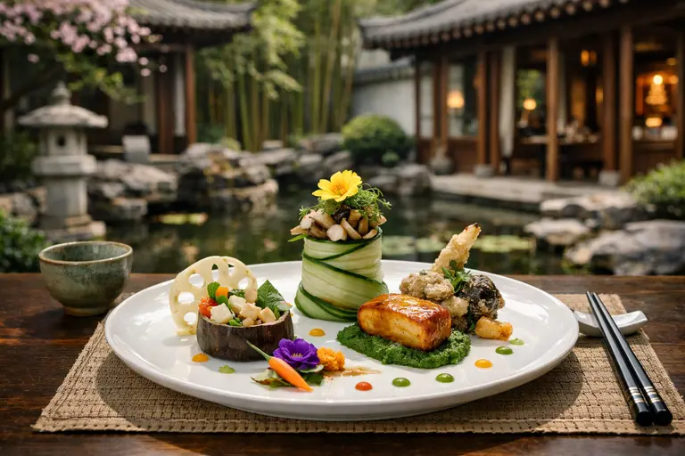 A beautifully plated vegetarian dish in a serene courtyard setting, illustrating what food businesses can learn from King's Joy.