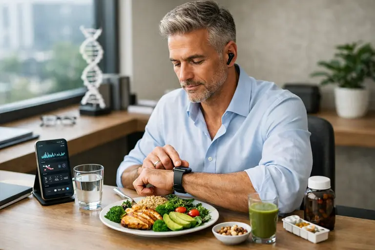 A professional using a wellness tracker and eating a balanced meal, illustrating biohacking for healthy aging.