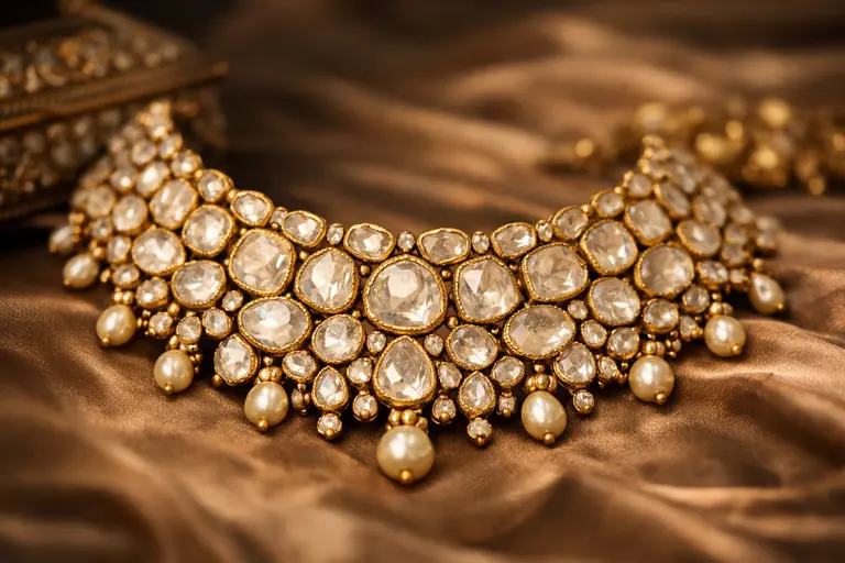 An intricate necklace showcasing authentic raw diamond and Polki jewelry in India.