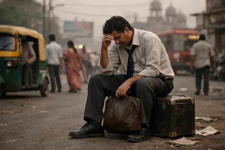A weary businessman sitting on a suitcase, representing the themes of Arthur Miller's Death of a Salesman in India.