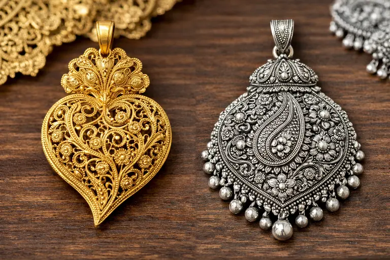 A side-by-side view of a gold Heart of Viana and a silver Cuttack Tarakasi pendant, representing Portuguese and Indian filigree jewelry.