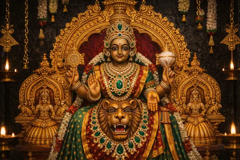 Intricate gold ornaments and an emerald-studded idol representing the historic jewels of the Kollur Mookambika Temple.