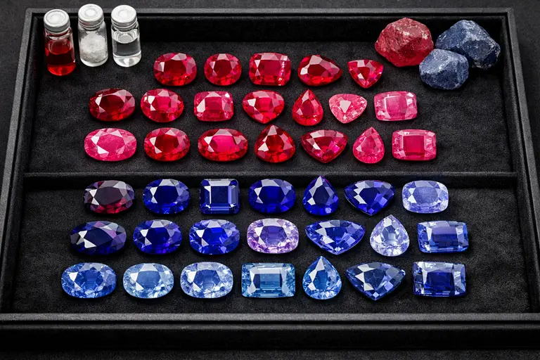 A tray of vibrant rubies and sapphires showing the results of various chemical treatments in colored gemstones.