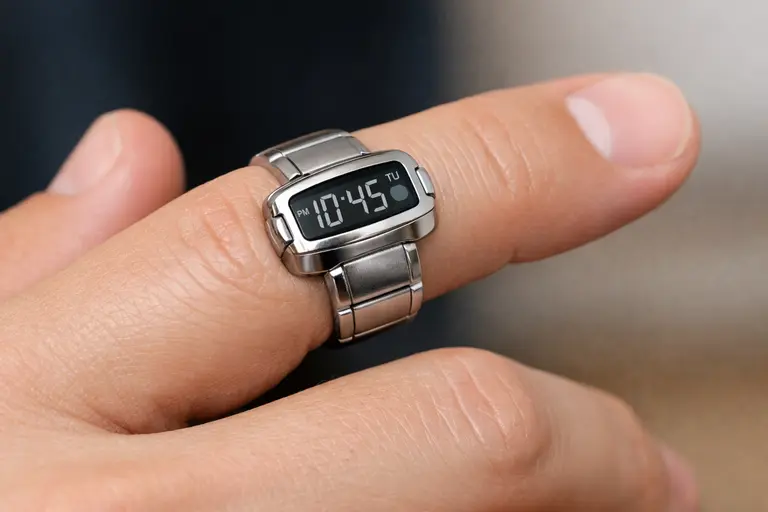 A person wearing a Casio CRW-001 digital ring watch in 2026.