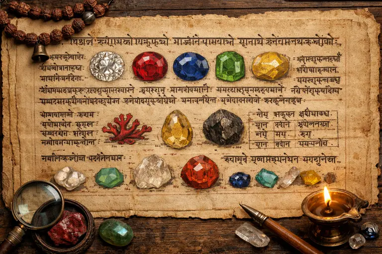 An ancient Sanskrit manuscript page describing gemstone classifications for Sanskrit gem knowledge in ancient trade.