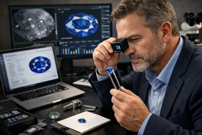 A professional gem trader using a digital loupe to inspect a high-value sapphire, illustrating a gem trading survival guide.